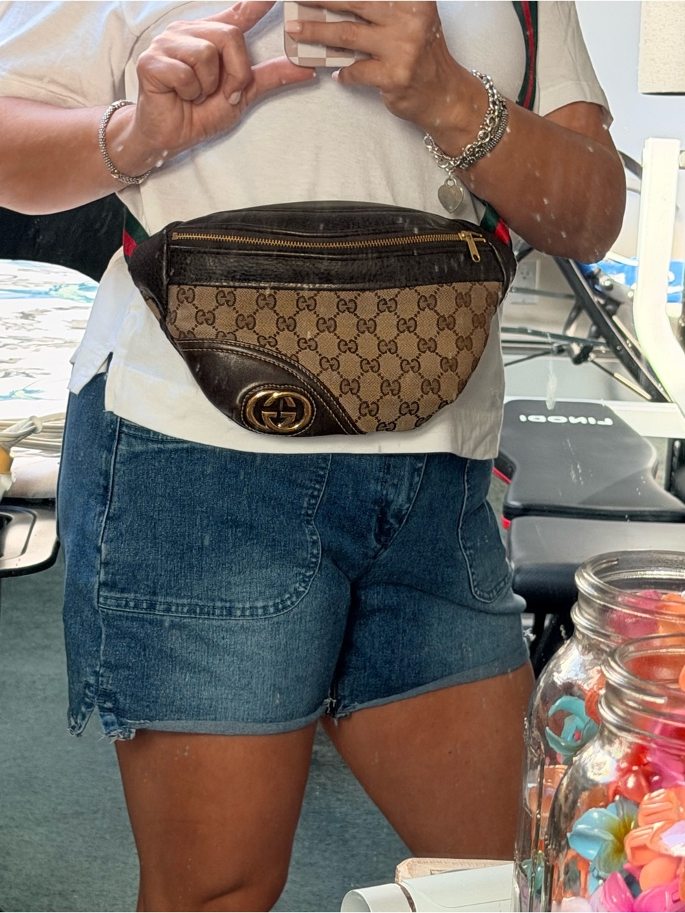 Gucci Upcycled Repurpose Canvas Crossbody Waist Bag with Dark Brown Leather Trim